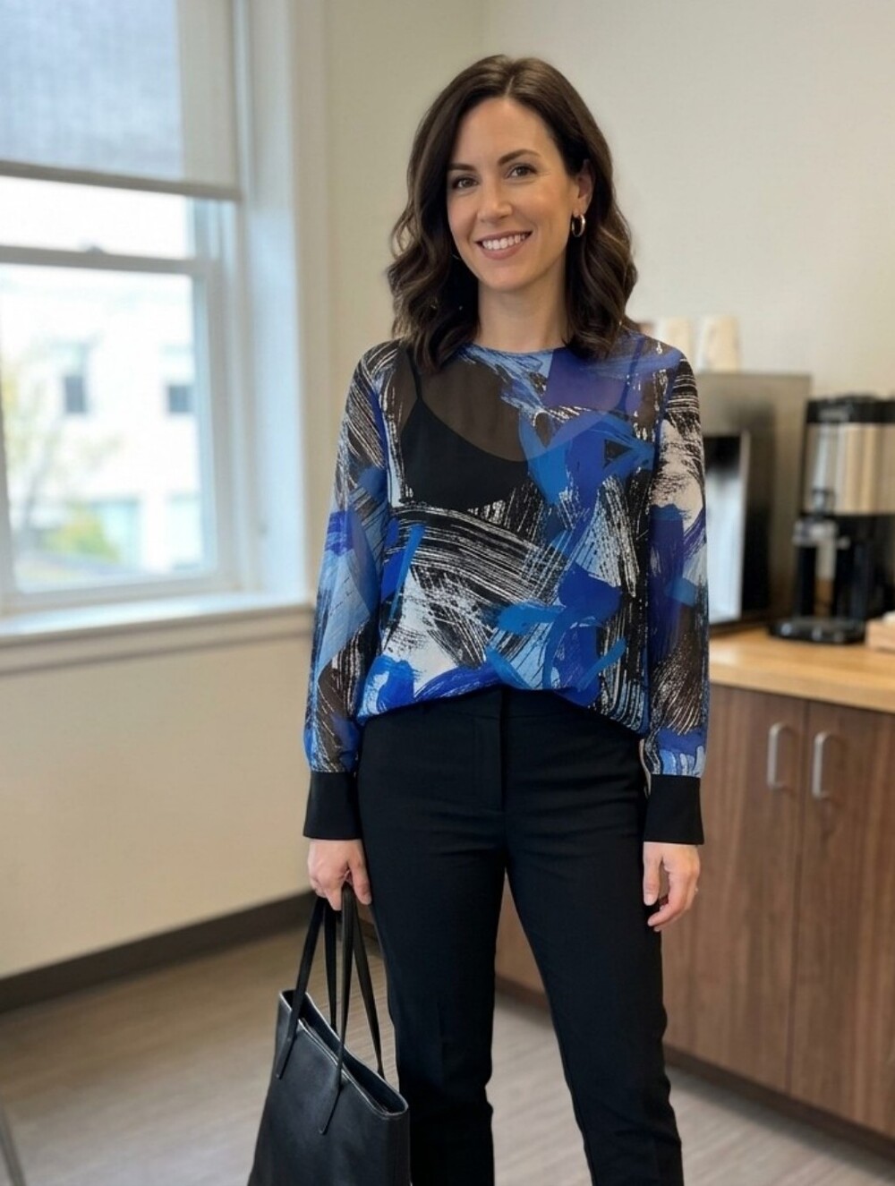 Vince Camuto Blue & Black Abstract Brushstroke Blouse • Size M